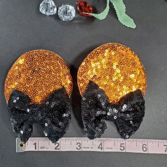 Minnie Mouse Ears Hair Clips Barrette Orange Sequins Black Bow Hair Care - Picture 4 of 9